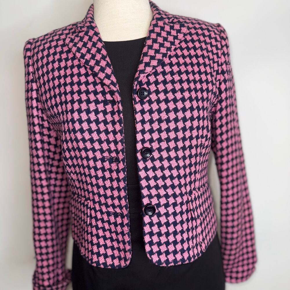 Vintage Ann Taylor Made in USA Wool Blend Blazer Pink & Navy Houndstooth Size 2